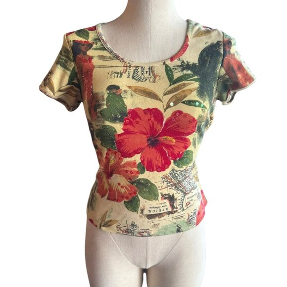 Y2K Floral Tropical Sequin White Stag Top size Medium - Picture 3 of 11